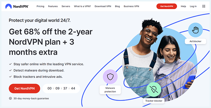 The NordVPN homepage, showing a current deal of 68% off, plus three months extra.