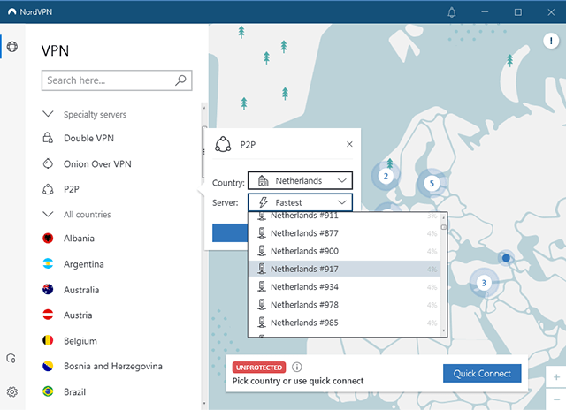 Screenshot of NordVPN, p2p servers