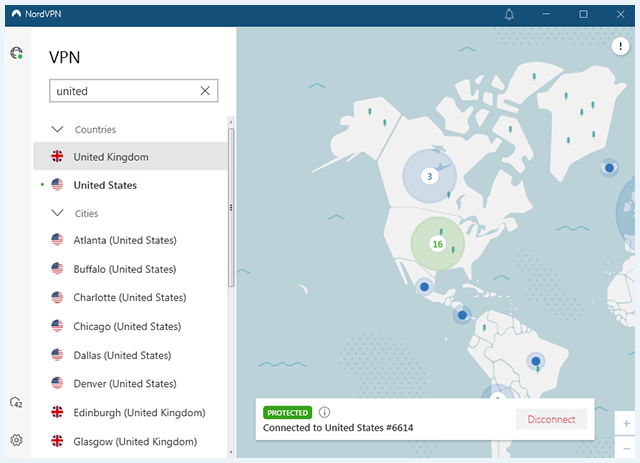 Screenshot of NordVPN, Client connected