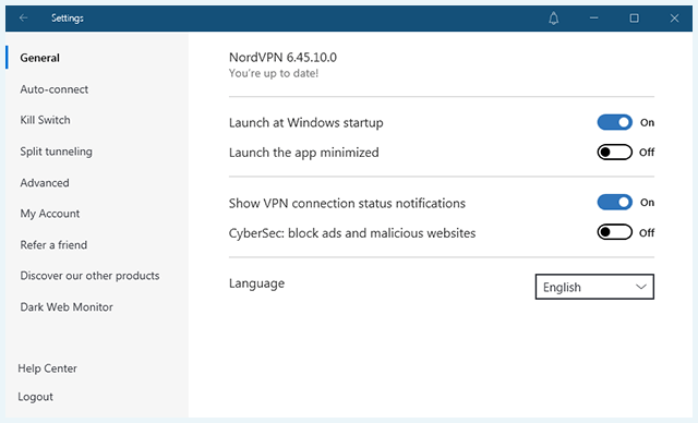 Screenshot of NordVPN, General settings