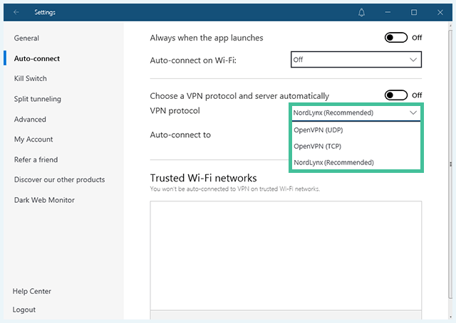 Screenshot of NordVPN, protocols