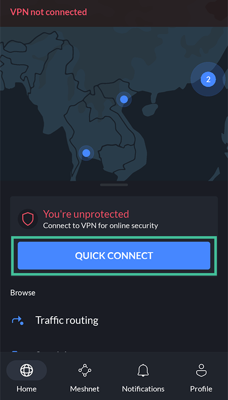 VPN not connected, NordVPN Quick Connect, mobile interface