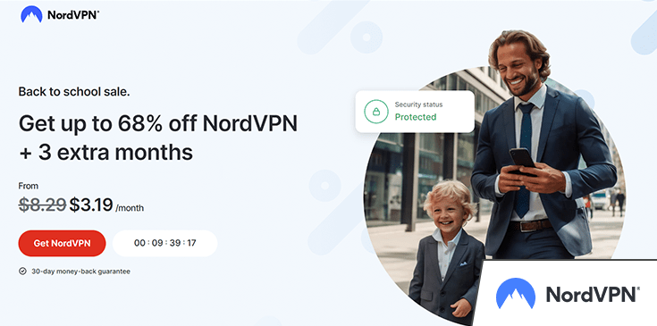 A screenshot showing the current NordVPN deal at 68% off.