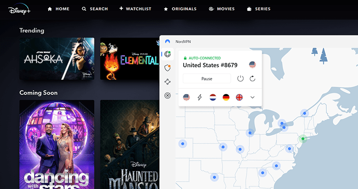 A screenshot of the Disney Plus library with NordVPN in the foreground, unblocking it.