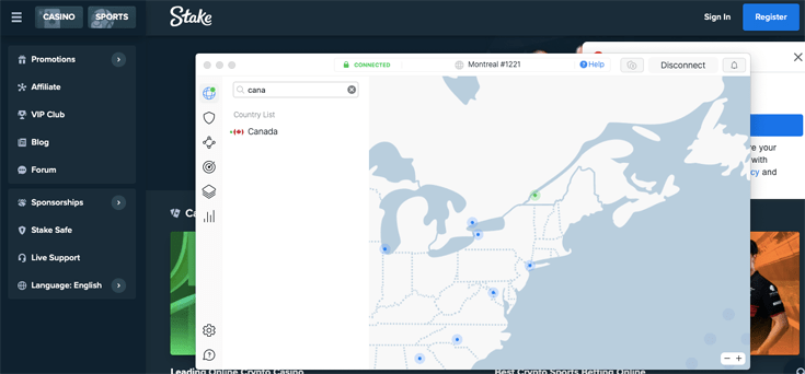 An image of NordVPN unblocking Stake Casino