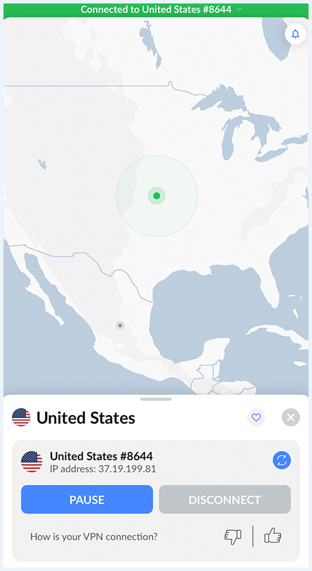 Screenshot of NordVPN, connected to US server