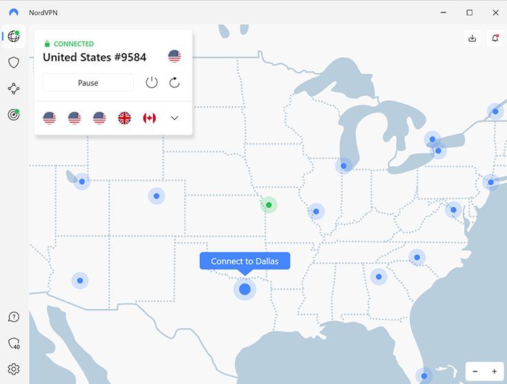 Screenshot of NordVPN app, US map with servers