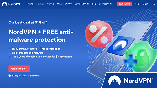 Screenshot of NordVPN homepage website with added logo in the corner