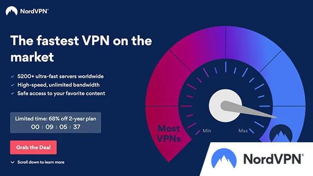 Screenshot of NordVPN provider website with added logo in the corner