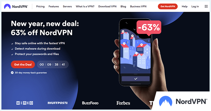 Screenshot of NordVPN website homepage with added logo in the corner