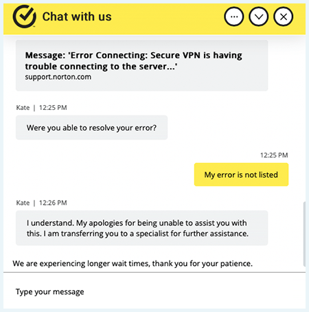 Screenshot of Norton Secure VPN, Chat Session