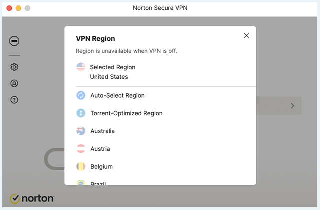 Screenshot of Norton Secure VPN, Country selection