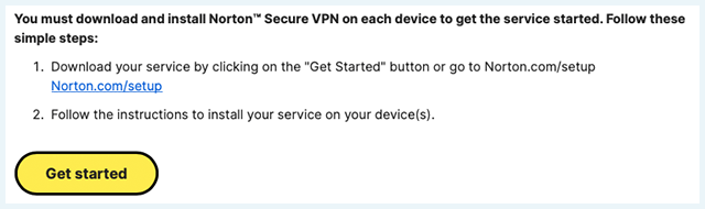 Screenshot of Norton Secure VPN, Get started