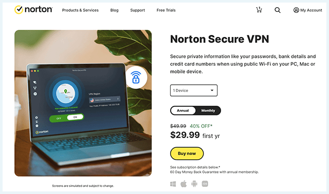 Screenshot of Norton Secure VPN, Homepage