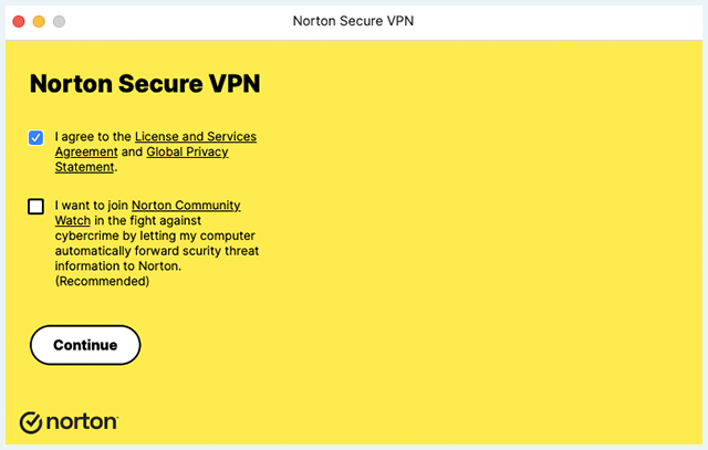 Screenshot of Norton Secure VPN, Pre-login checkbox