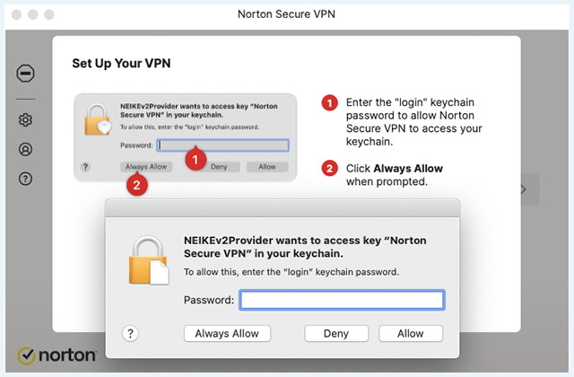 Screenshot of Norton Secure VPN, Requires keychain