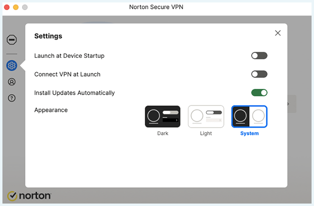 Screenshot of Norton Secure VPN, Settings