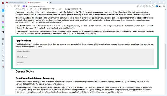 Screenshot of Opera VPN, no specific privacy policy for VPN