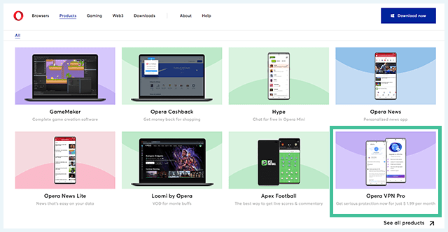 Screenshot of Opera VPN, Products overview