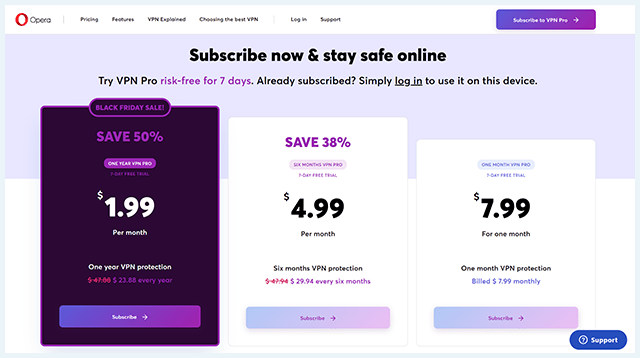 Screenshot of Opera VPN, pricing in USD