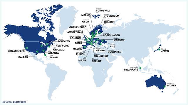 Servers Network OVPN, world map with locations