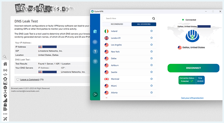 Image shows OysterVPN passing our DNS leak test