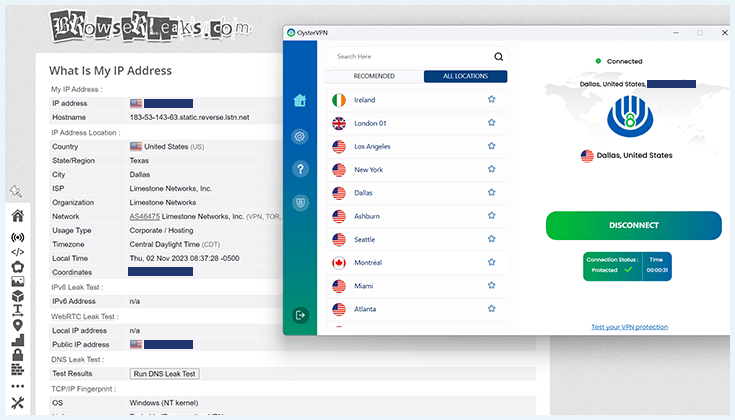 Image of OysterVPN passing our IP leak test