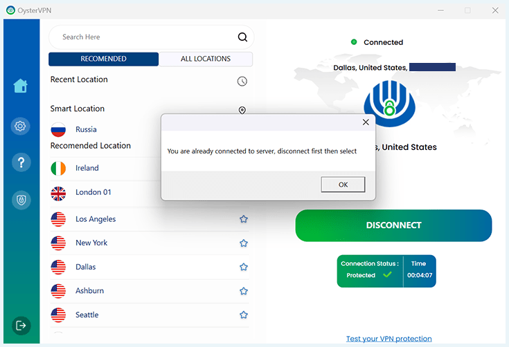 Image shows user having to manually disconnect from an OysterVPN server to join another