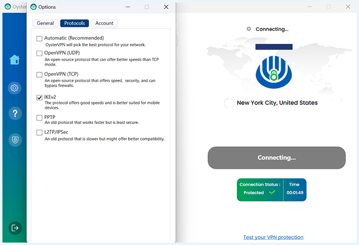 Image of the OysterVPN protocol settings menu