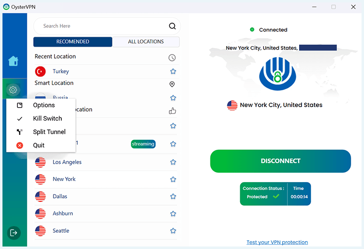 Screenshot of OysterVPN's settings menu