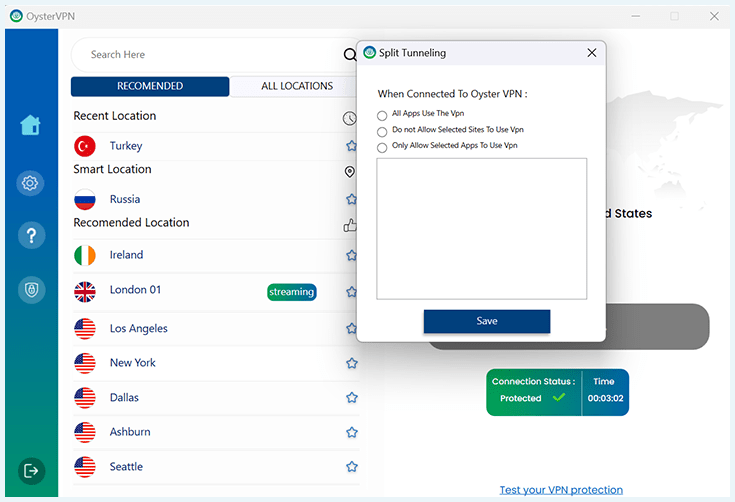 Screenshot of OysterVPN's split tunneling feature