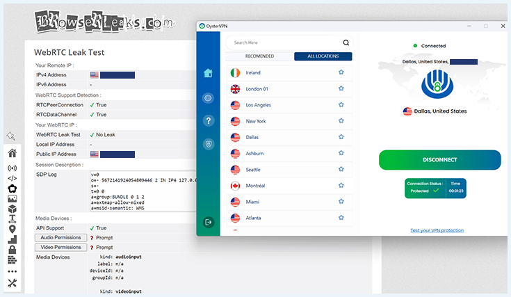 Screenshot of OysterVPN passing our WebRTC leak test