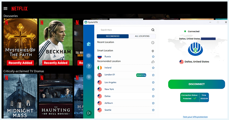 Screenshot of OysterVPN unblocking Netflix in the US