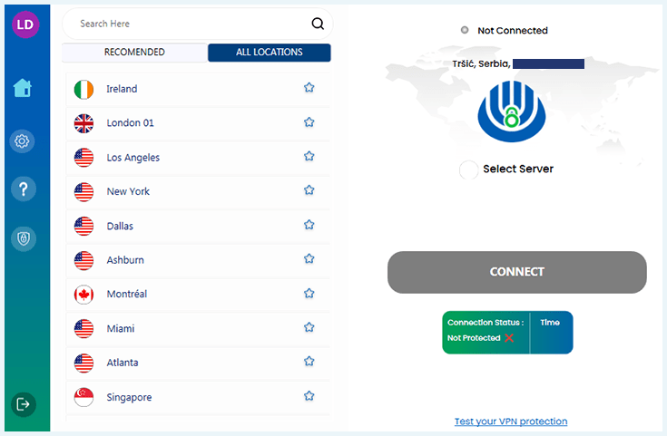 OysterVPN interface, all locations, client disconnected