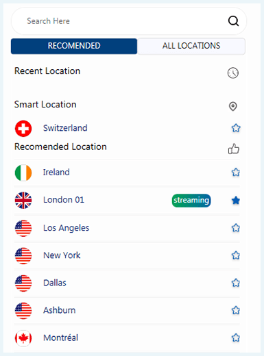 OysterVPN, recommended server locations tab