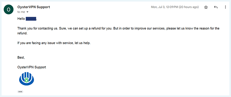 OysterVPN support, refund email
