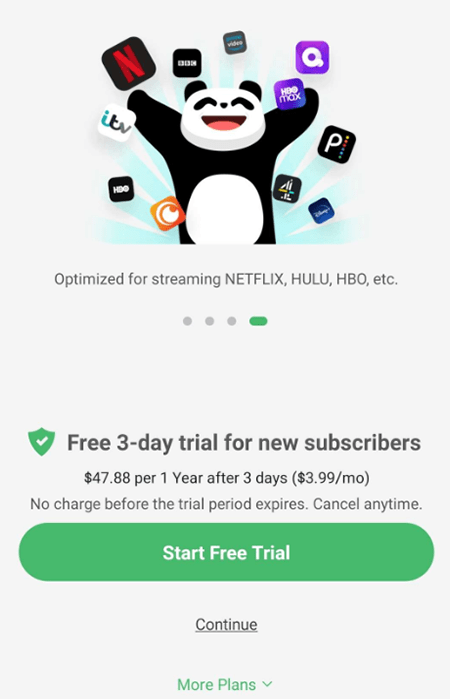 Screenshot of PandaVPN, Free 3-day trial for new subscribers