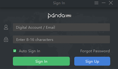 Screenshot of PandaVPN, log-in screen