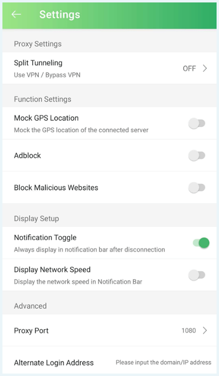 Screenshot of PandaVPN, settings, Android