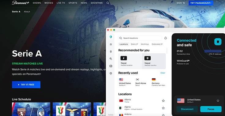 A screenshot of Serie A football unblocked on the Paramount+ website using Surfshark VPN