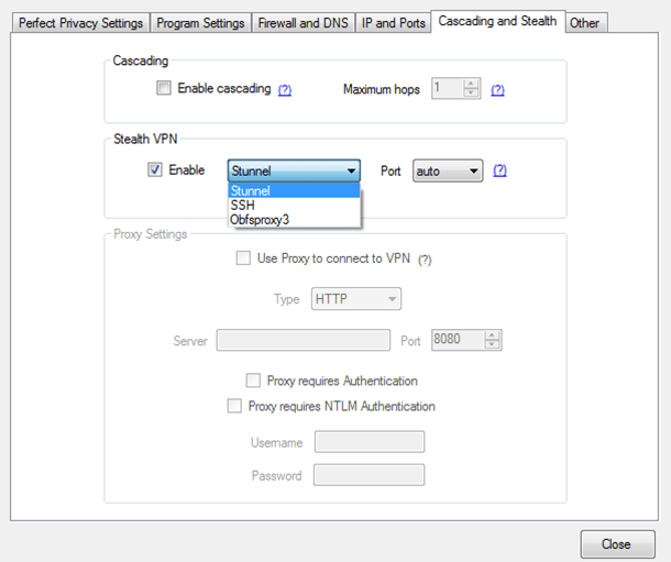 Screenshot of Perfect Privacy VPN, Cascading and stealth tab