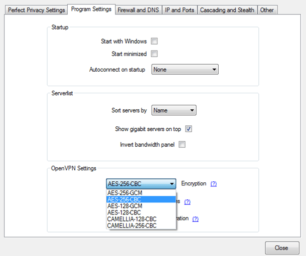 Screenshot of Perfect Privacy VPN, Encryption