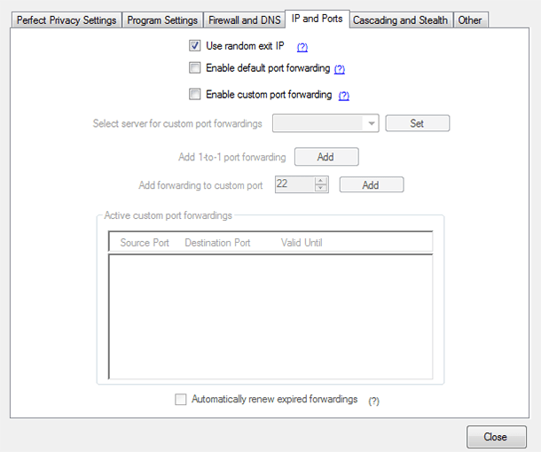 Screenshot of Perfect Privacy VPN, IP and ports