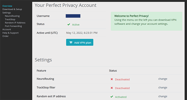 Screenshot of Perfect Privacy VPN, Online dashboard