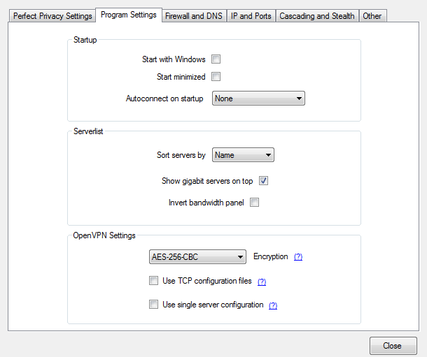 Screenshot of Perfect Privacy VPN, Program settings tab