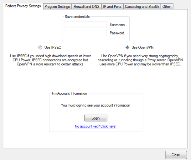 Screenshot of Perfect Privacy VPN, Protocols