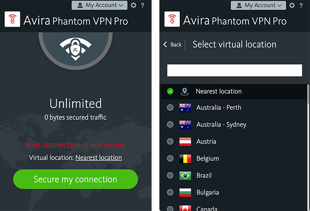 Screenshots of Avira Phantom VPN, Home screen and server list