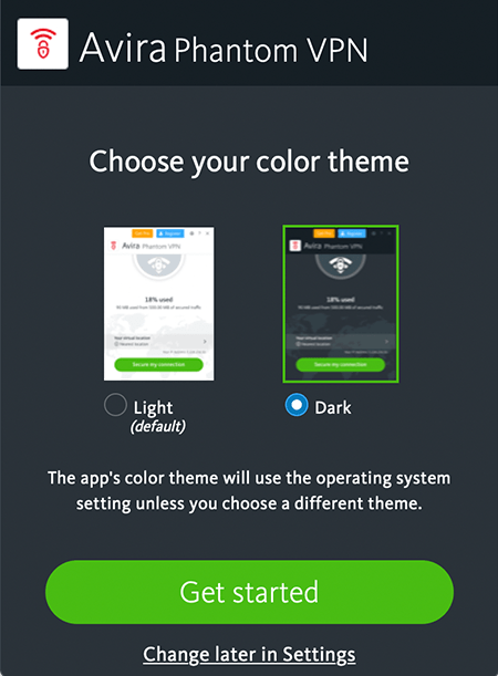 Screenshot of Avira Phantom VPN, Choose your color theme