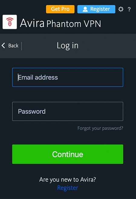 Screenshot of Avira Phantom VPN, Login