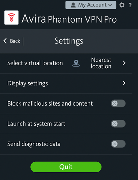 Screenshot of Avira Phantom VPN, Settings